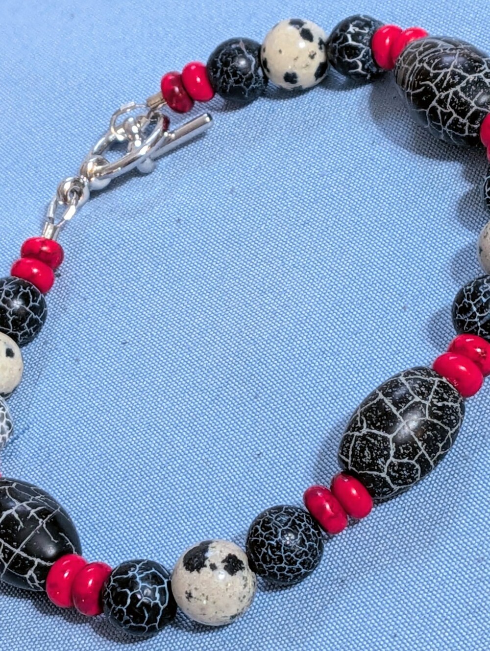 Dalmatian Jasper Cracked Black Agate & Red Coral Gemstone Bracelet One of a Kind